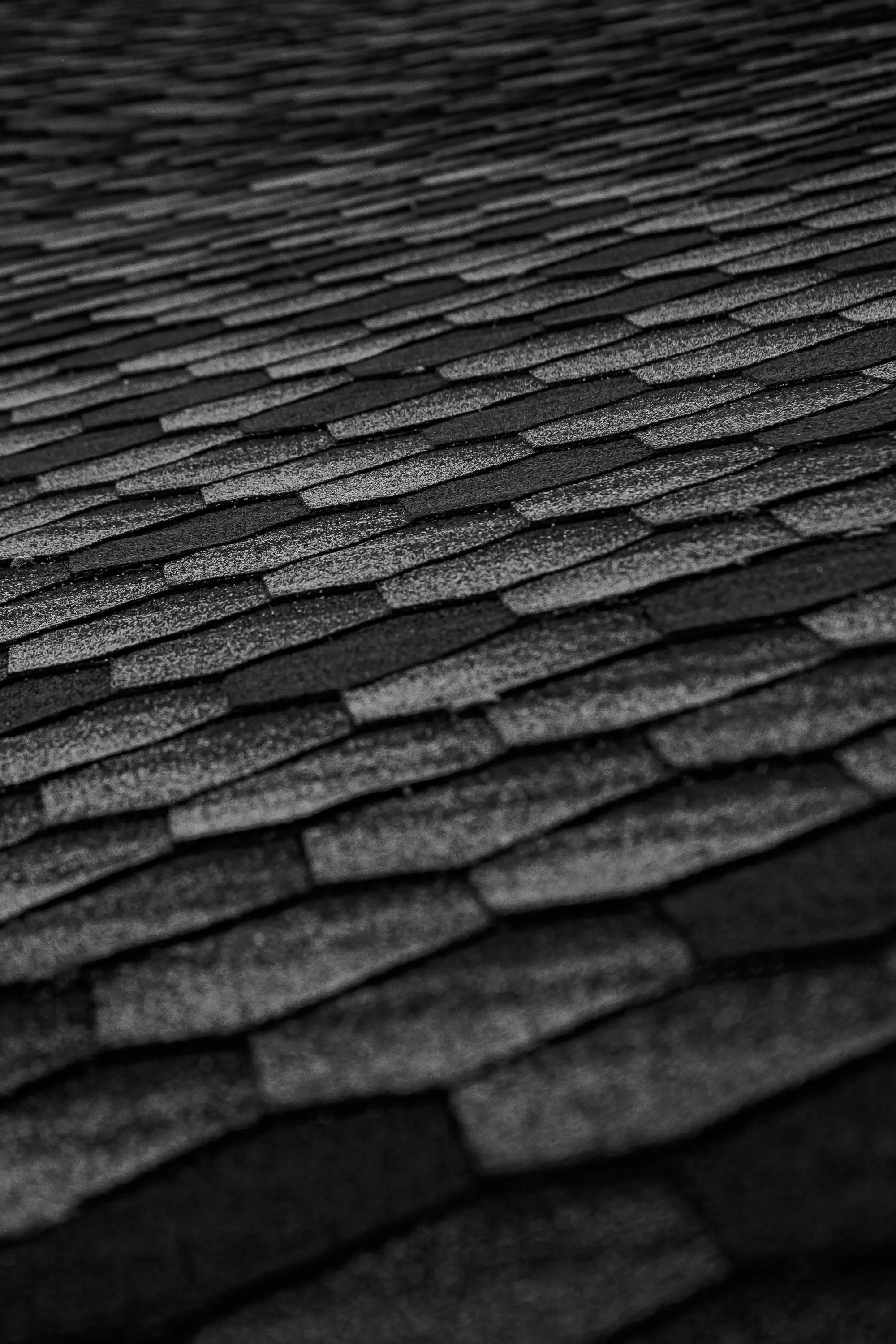 A close view of grey asphalt shingles on a residential roof